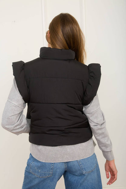 Flutter Sleeve Zip-up Bow Puffer Vest