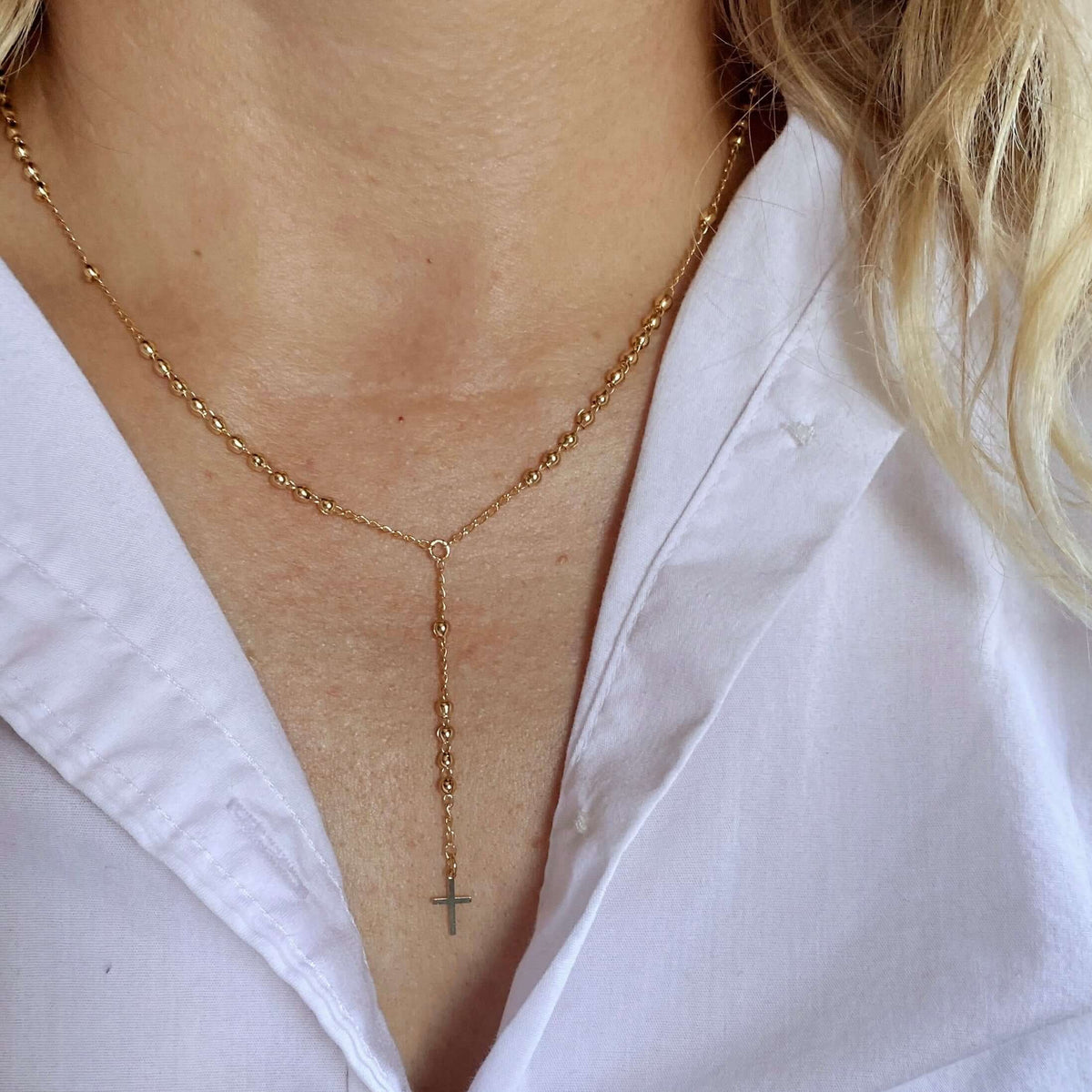 18k gold filled simple cross rosary necklace view 2