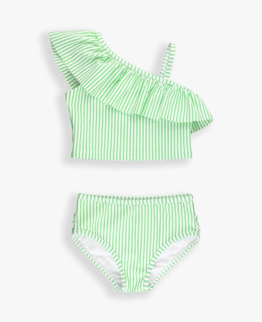 Seersucker One-Shoulder Ruffle Tankini - Spring Green