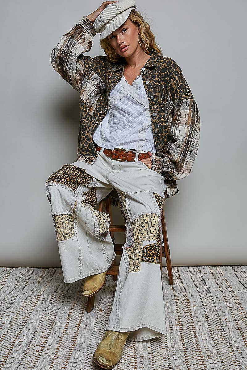 Leopard and Plaid Pattern Raw-Edge Fringe Trim Shirt Jacket