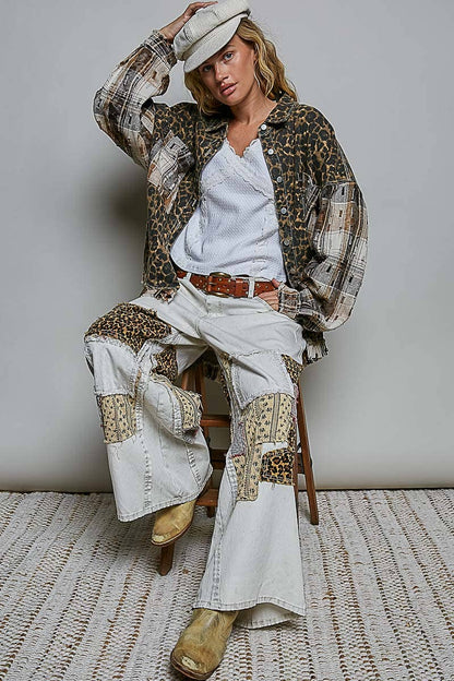 Leopard and Plaid Pattern Raw-Edge Fringe Trim Shirt Jacket
