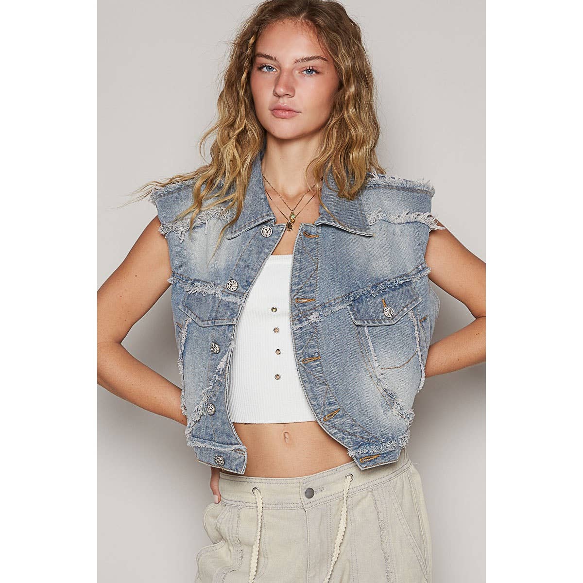 Warped Front Closure Denim Vest