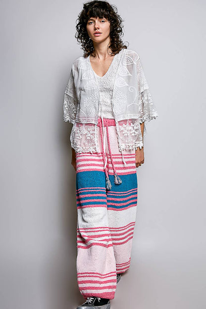 1/2 Sleeve Lace Ruffle Trim Opening Solid Crochet Cardigan
