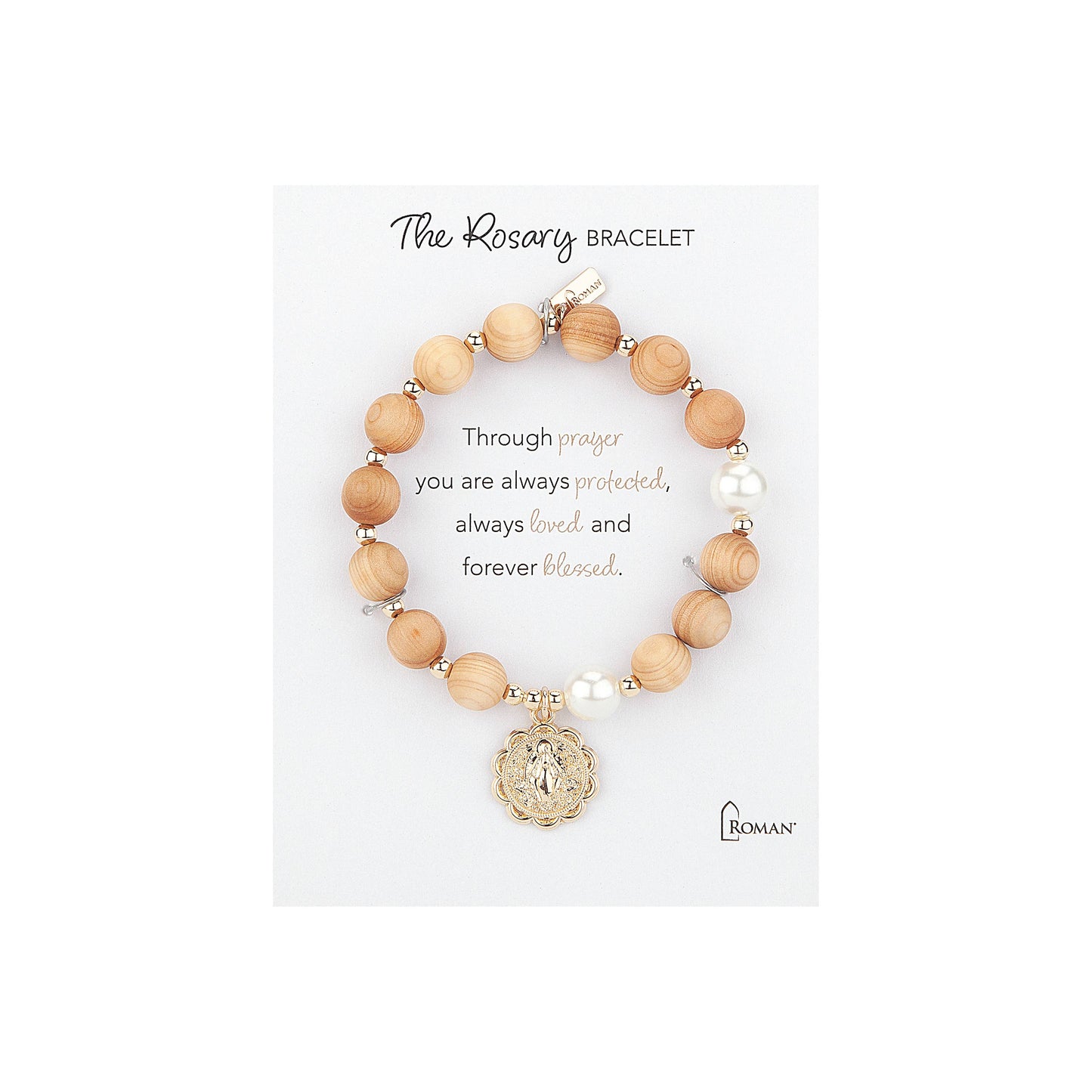 7"L Rosary Wood Bracelet Stretch, Carded