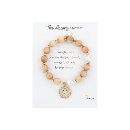 7"L Rosary Wood Bracelet Stretch, Carded