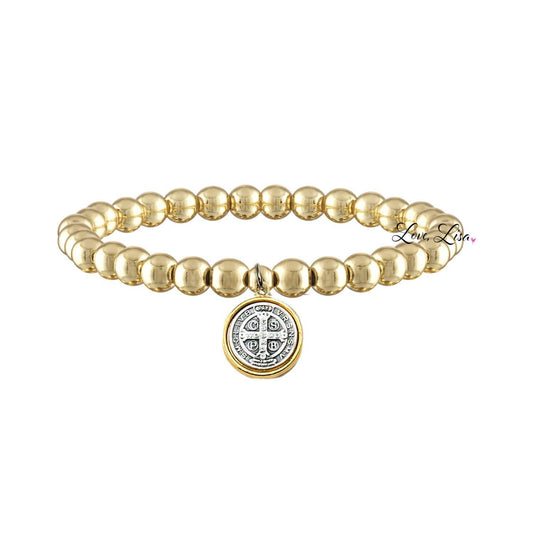 Saint Benedict Gold Stretch Bracelet & Prayer Card