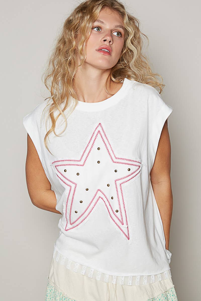 Sleeveless Star Patch Laced Hem Top