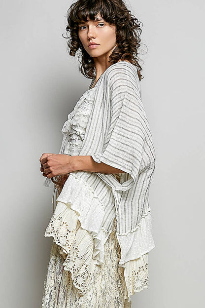 Eyelet Lace Ruffle Stripe Pattern Cardigan Top