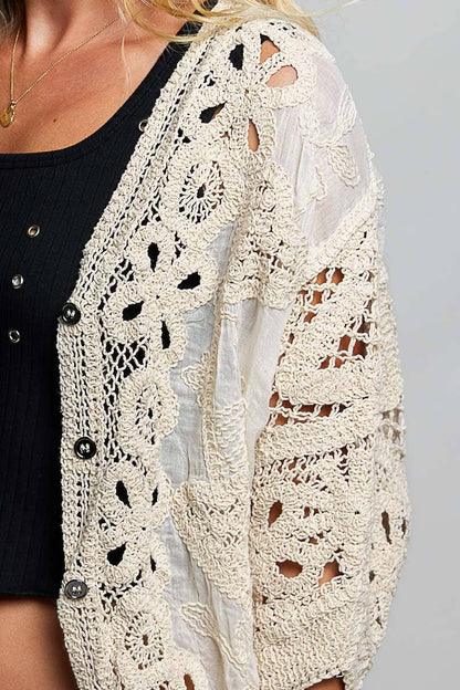 Batwing Sleeve Button Down Solid Crochet Cardigan Top
