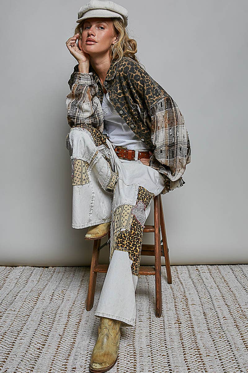 Leopard and Plaid Pattern Raw-Edge Fringe Trim Shirt Jacket