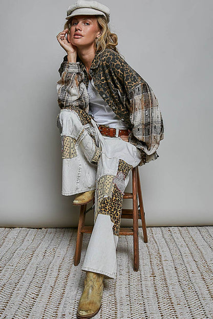 Leopard and Plaid Pattern Raw-Edge Fringe Trim Shirt Jacket