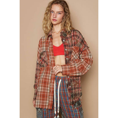 Oversized Patch Plaid Shirt - Brick