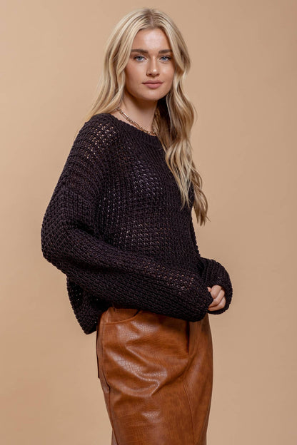 Sheer Black Crewneck Crochet Knit Sweater