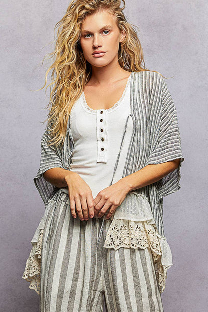 Eyelet Lace Ruffle Stripe Pattern Cardigan Top