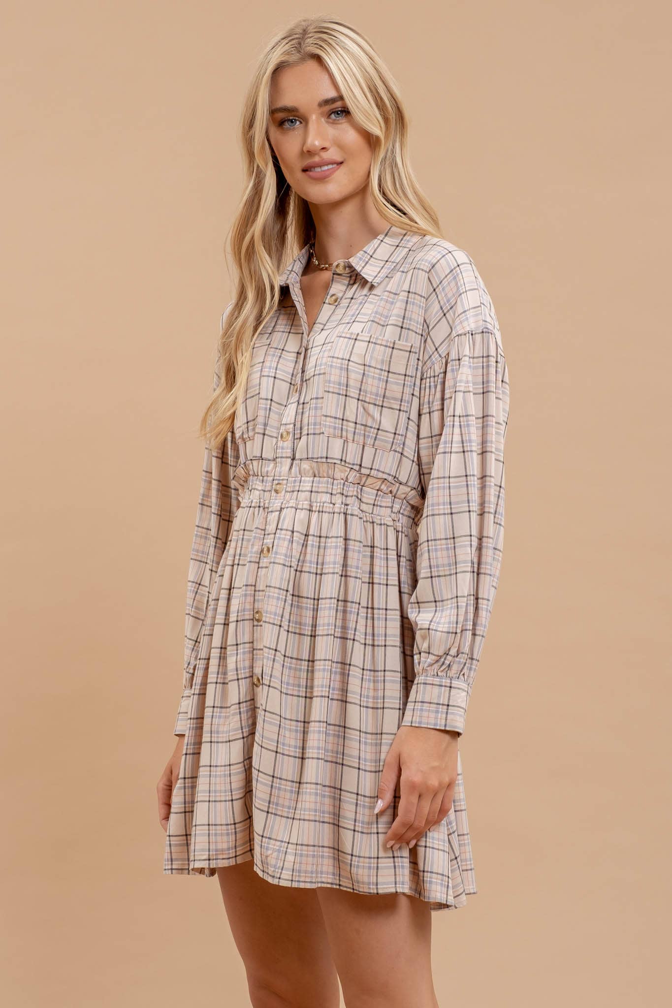 Plaid Button Down Dress - Beige Multi