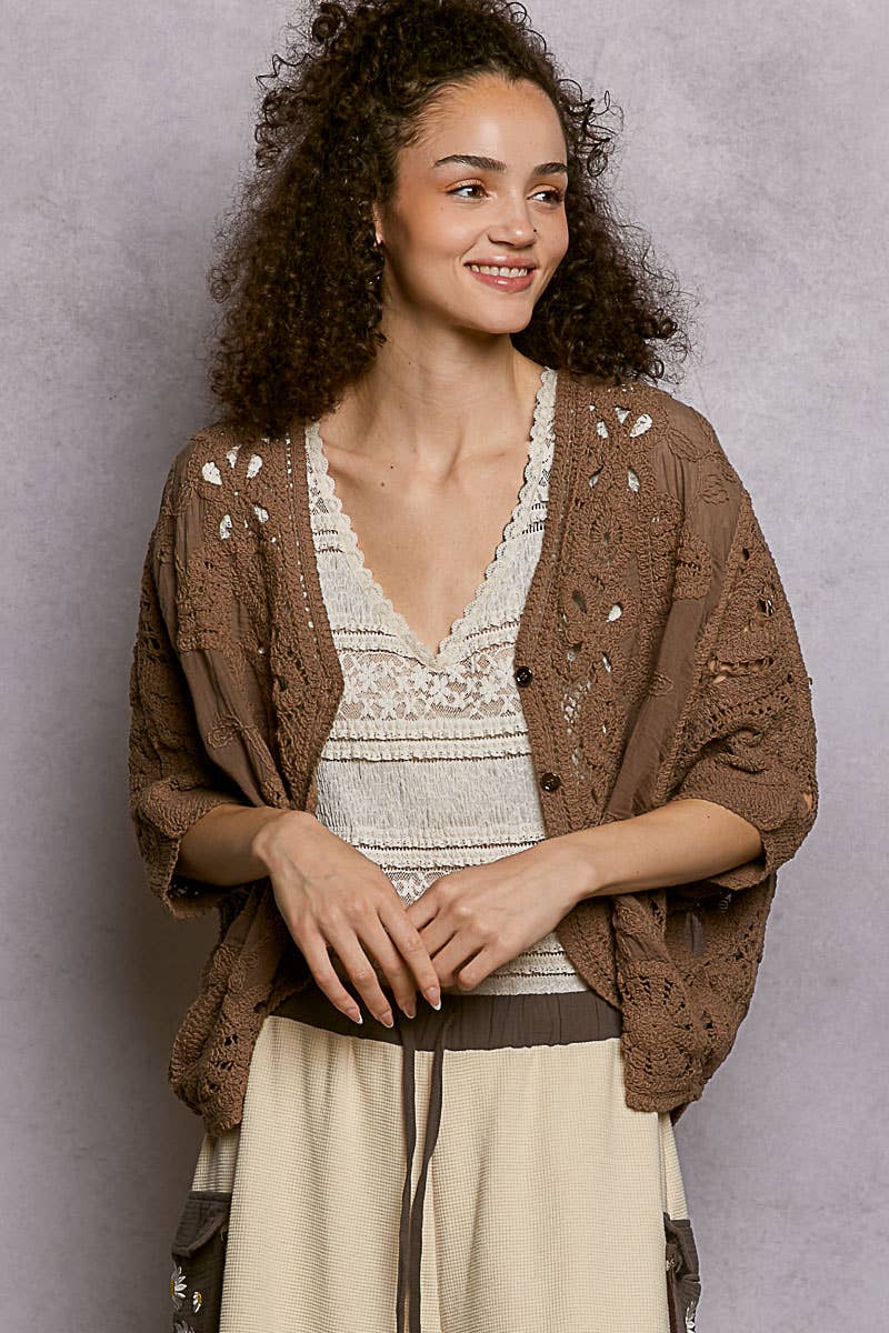 Batwing Sleeve Button Down Solid Crochet Cardigan Top
