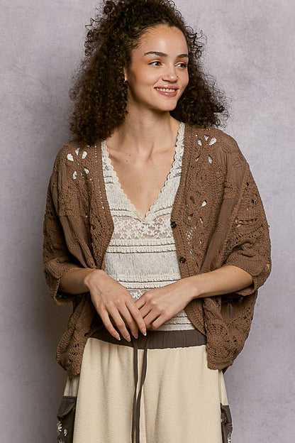 Batwing Sleeve Button Down Solid Crochet Cardigan Top