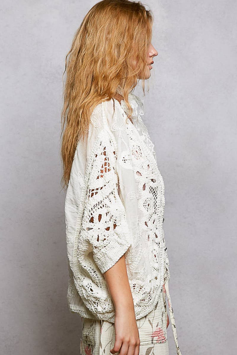 Batwing Sleeve Button Down Solid Crochet Cardigan Top