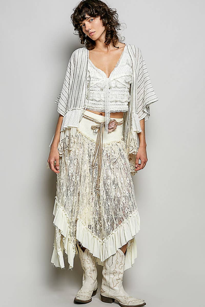 Eyelet Lace Ruffle Stripe Pattern Cardigan Top