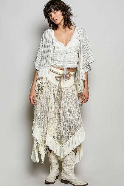 Eyelet Lace Ruffle Stripe Pattern Cardigan Top
