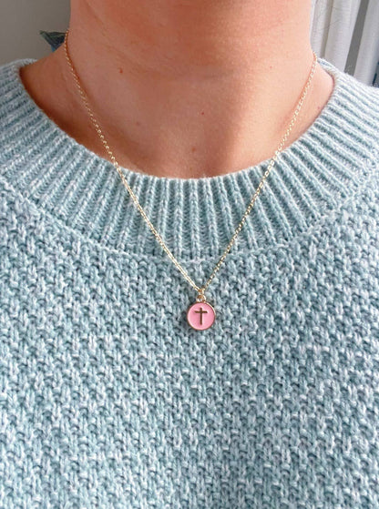 Circle Cross Necklace - Light Pink