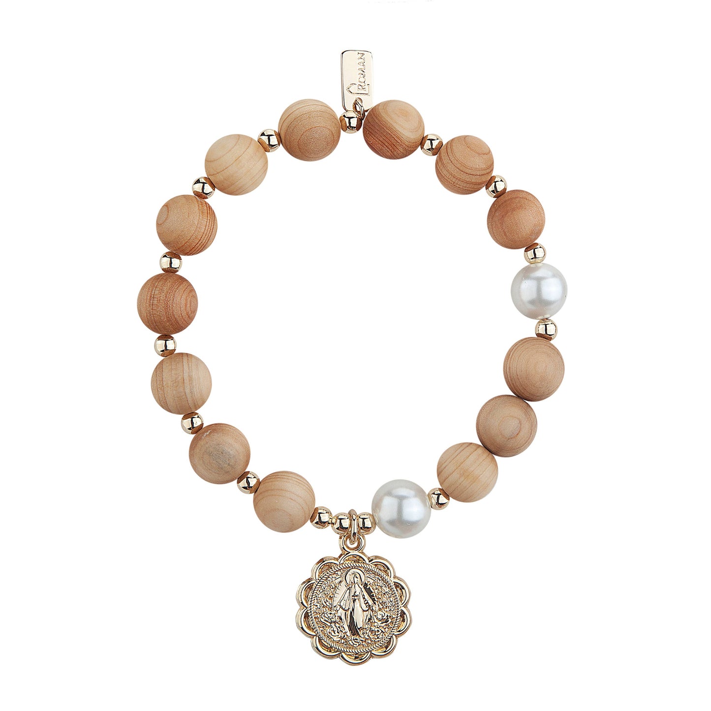 7"L Rosary Wood Bracelet Stretch, Carded