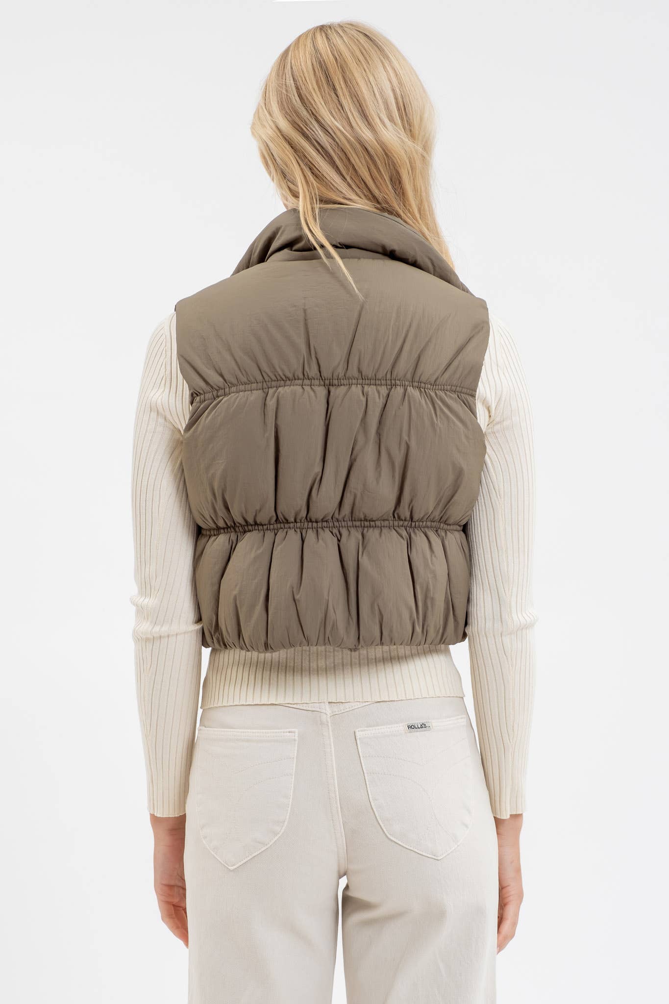 Olive Collared Zip-Up Cropped Puffer Vest