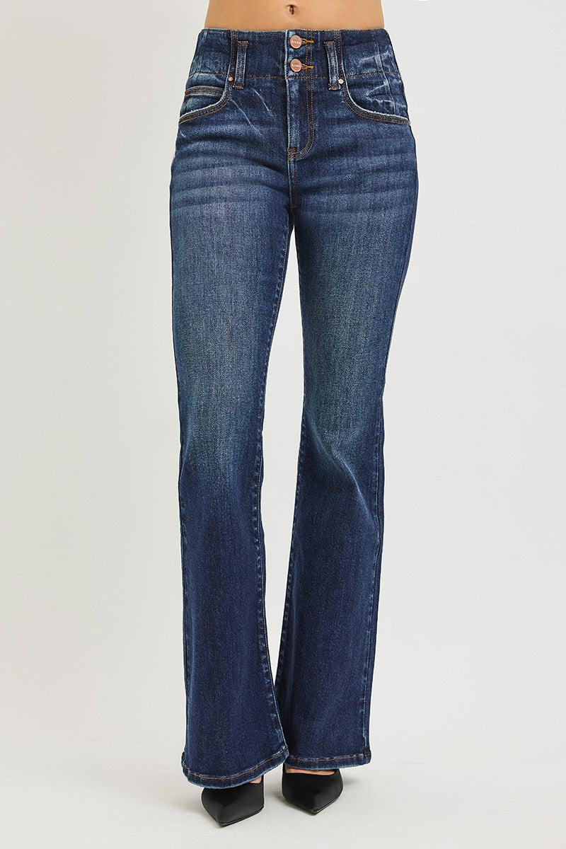 Risen dark wash flare jeans side view
