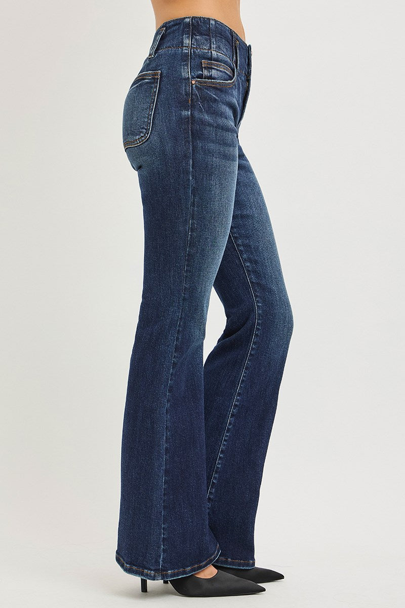 Risen flare jeans seam detail waistband close up