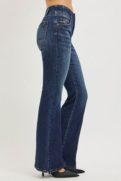 Risen flare jeans seam detail waistband close up
