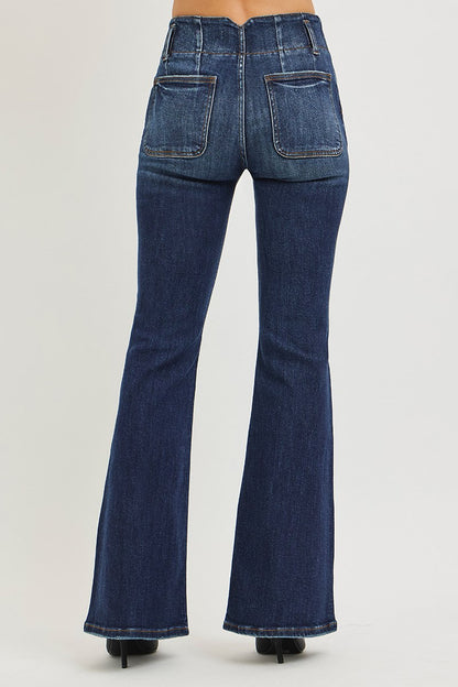 Risen dark wash flare jeans styled outfit