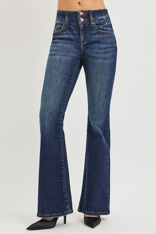 Risen high rise flare jeans in dark wash with seam detail waistband