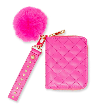 Quilted Stud Strap Wallet with Pom-Pom