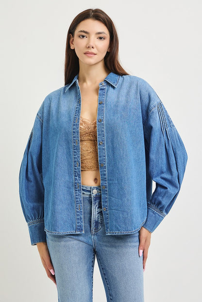 Risen balloon sleeve denim shirt outfit