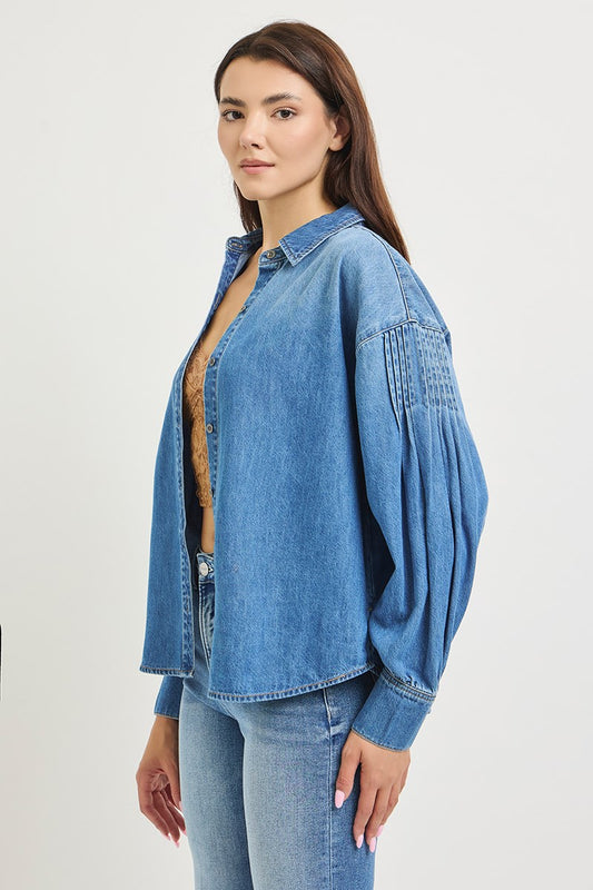 Risen oversized pintuck balloon sleeve denim shirt in medium wash