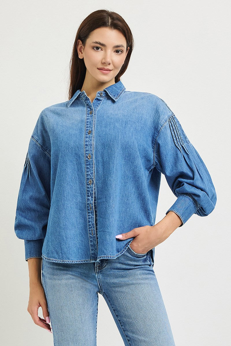 Risen oversized denim shirt styled with jeans