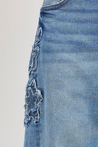 Risen slouchy crop barrel jeans with flower patch detail in medium wash