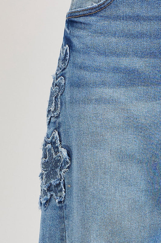 Risen slouchy crop barrel jeans with flower patch detail in medium wash