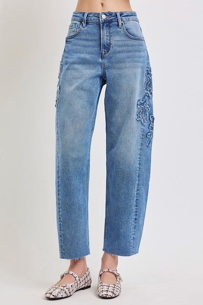 Risen barrel jeans flower patch close up
