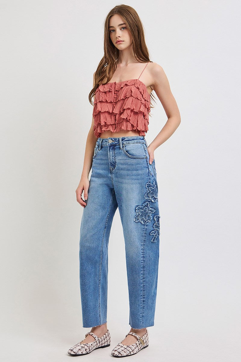 Risen flower patch barrel jeans side view