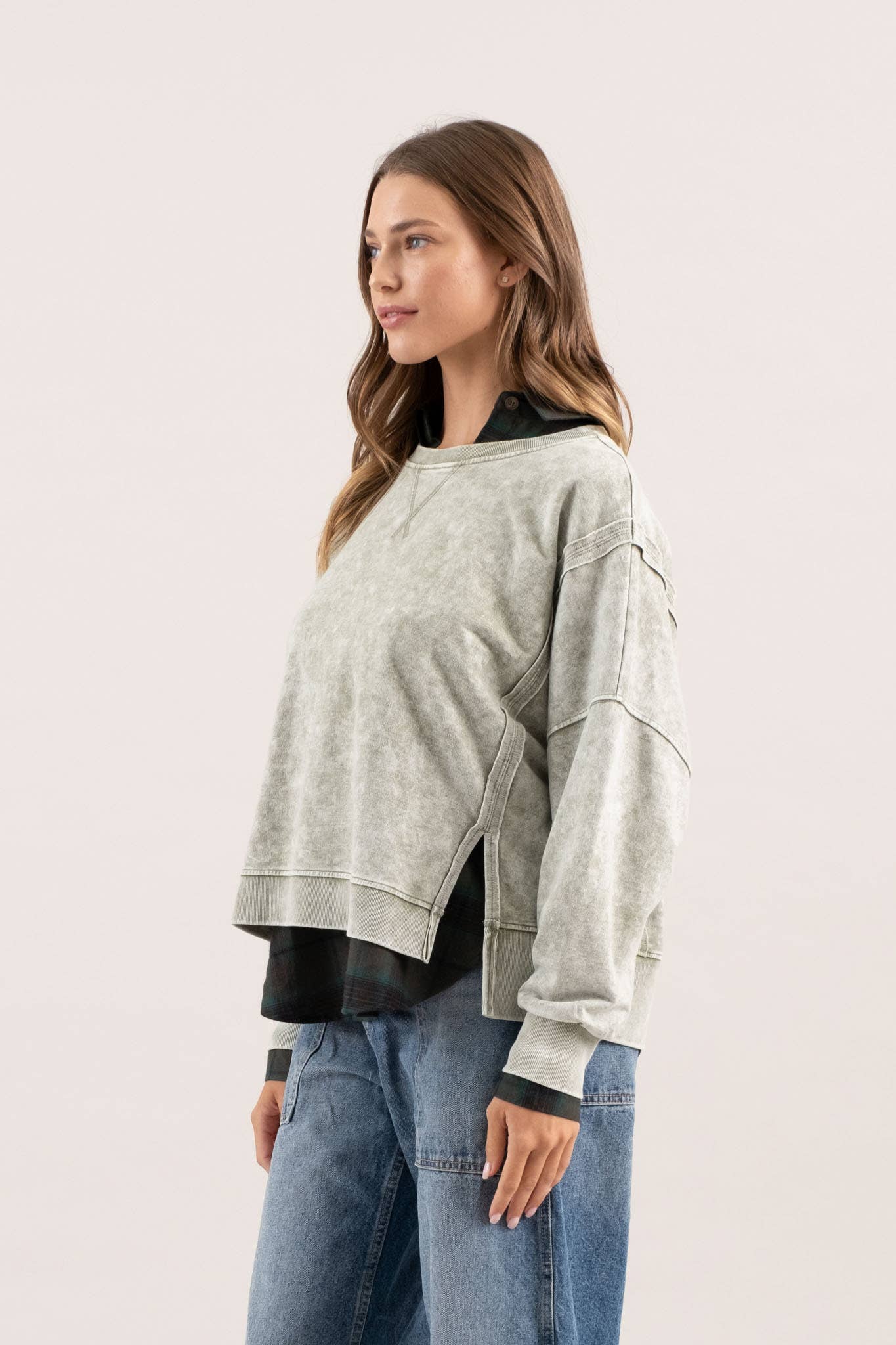 Washed Olive Drop Shoulder Crewneck Sweatshirt