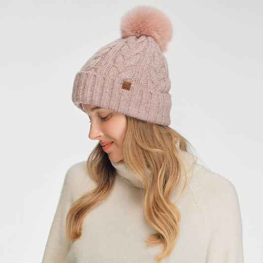 C.C Heather Cable with Satin Lining Pom Beanie