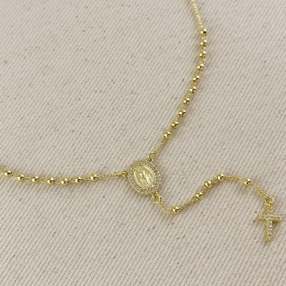 18k gold filled CZ Lady of Grace rosary necklace view 3
