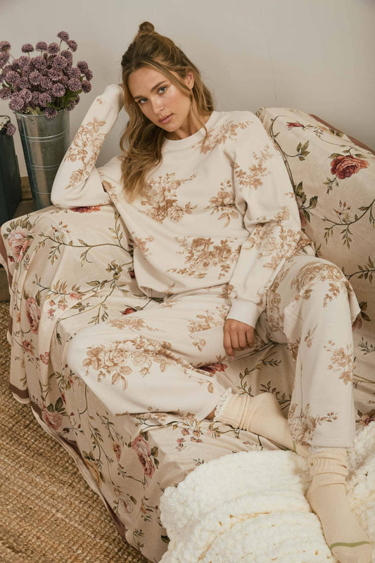 FLORAL TOILE LONG SLEEVE CREW NECK KNIT TOP