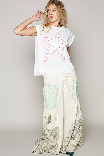 Sleeveless Star Patch Laced Hem Top
