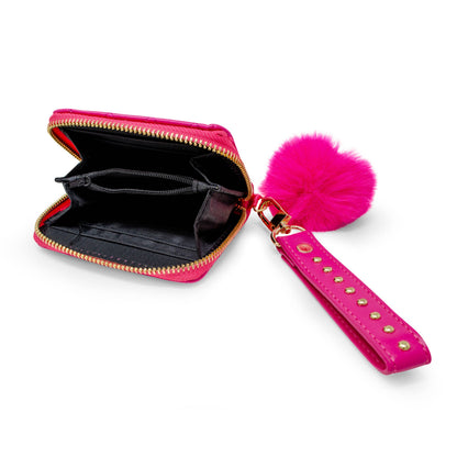 Quilted Stud Strap Wallet with Pom-Pom