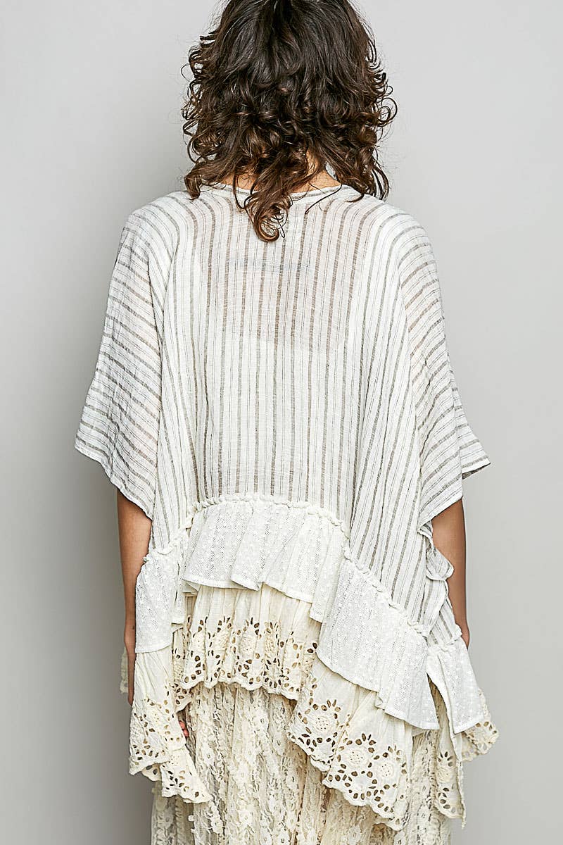 Eyelet Lace Ruffle Stripe Pattern Cardigan Top