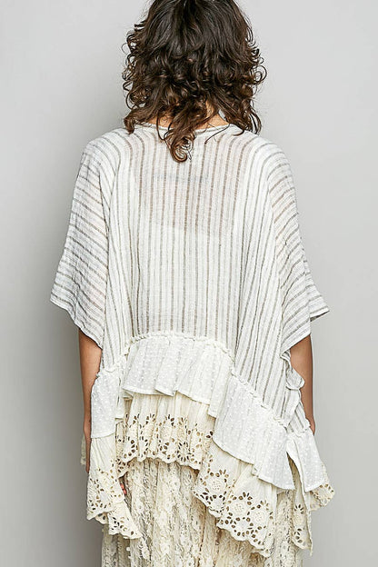 Eyelet Lace Ruffle Stripe Pattern Cardigan Top