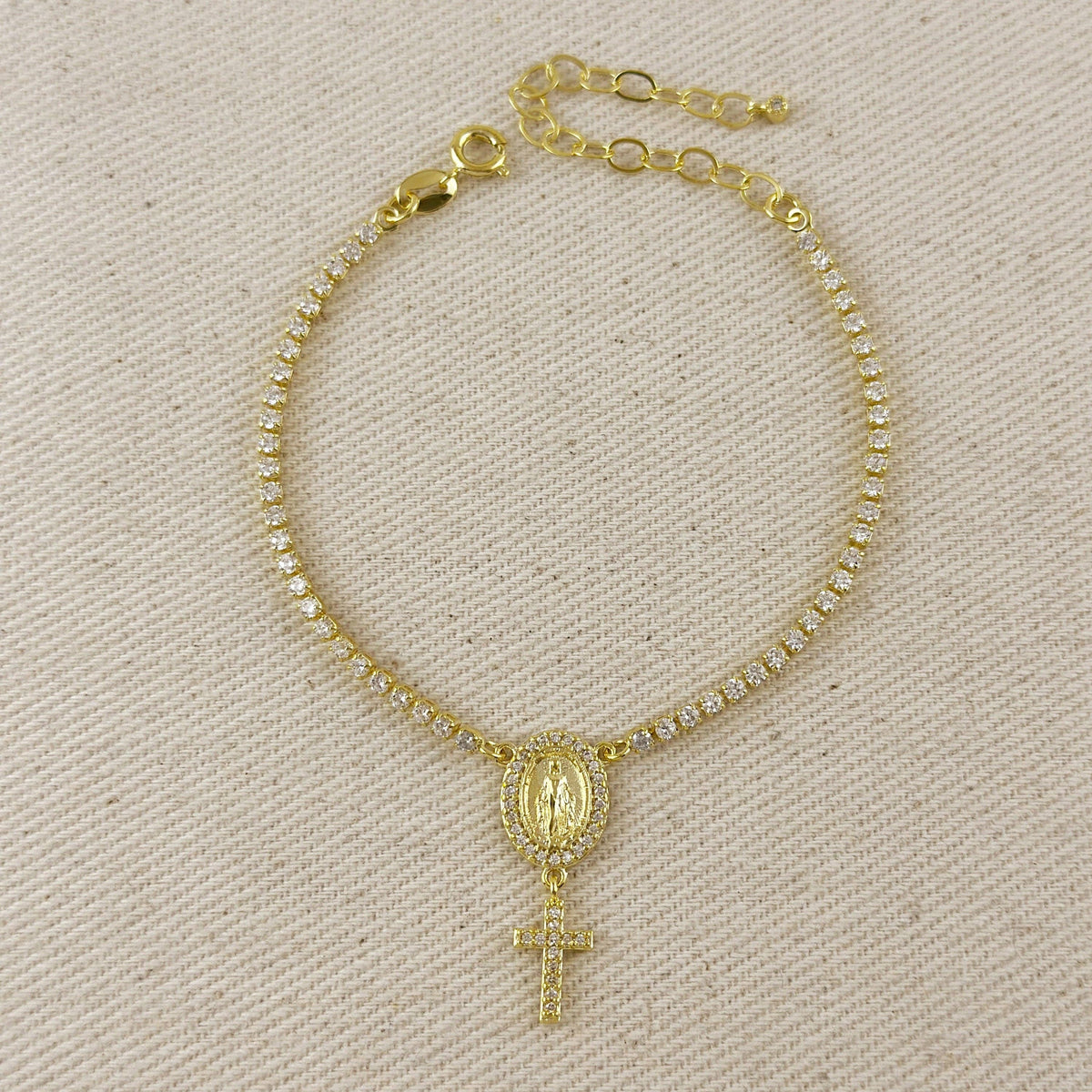 18k gold filled 2.0mm CZ rosary bracelet with Miraculous Mary medal | Pencie & Ginger