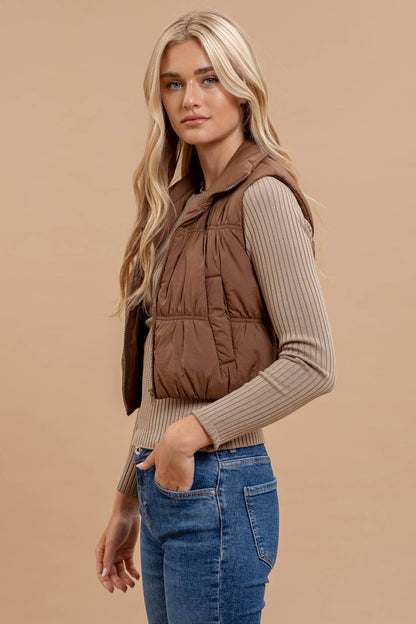 Brown Collared Zip-Up Cropped Puffer Vest